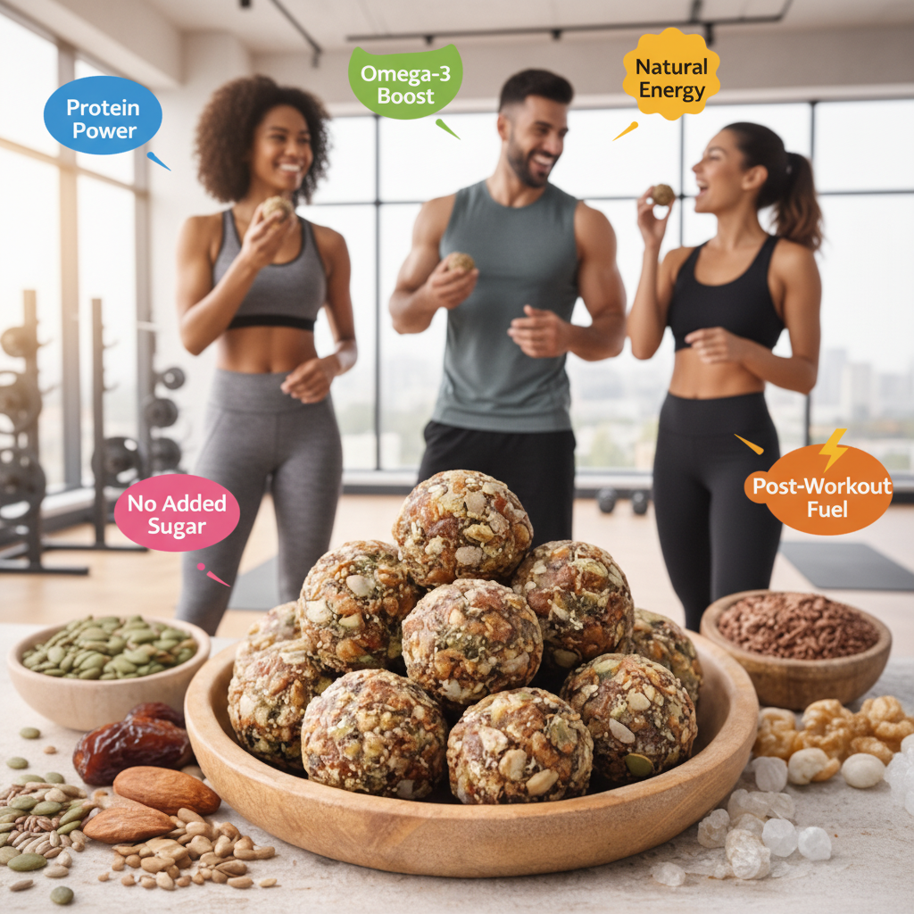 Nuts and seeds in a wooden bowl with health benefits text on a light background